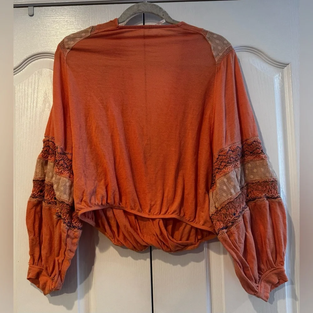 Free People Peach Spring Break Wrap Blouse with Embroidered Sleeves - Size S